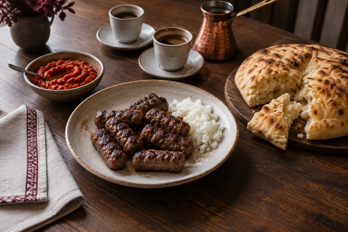 A Balkan table with ćevapi, chopped onion, somun bread, ajvar, and coffee