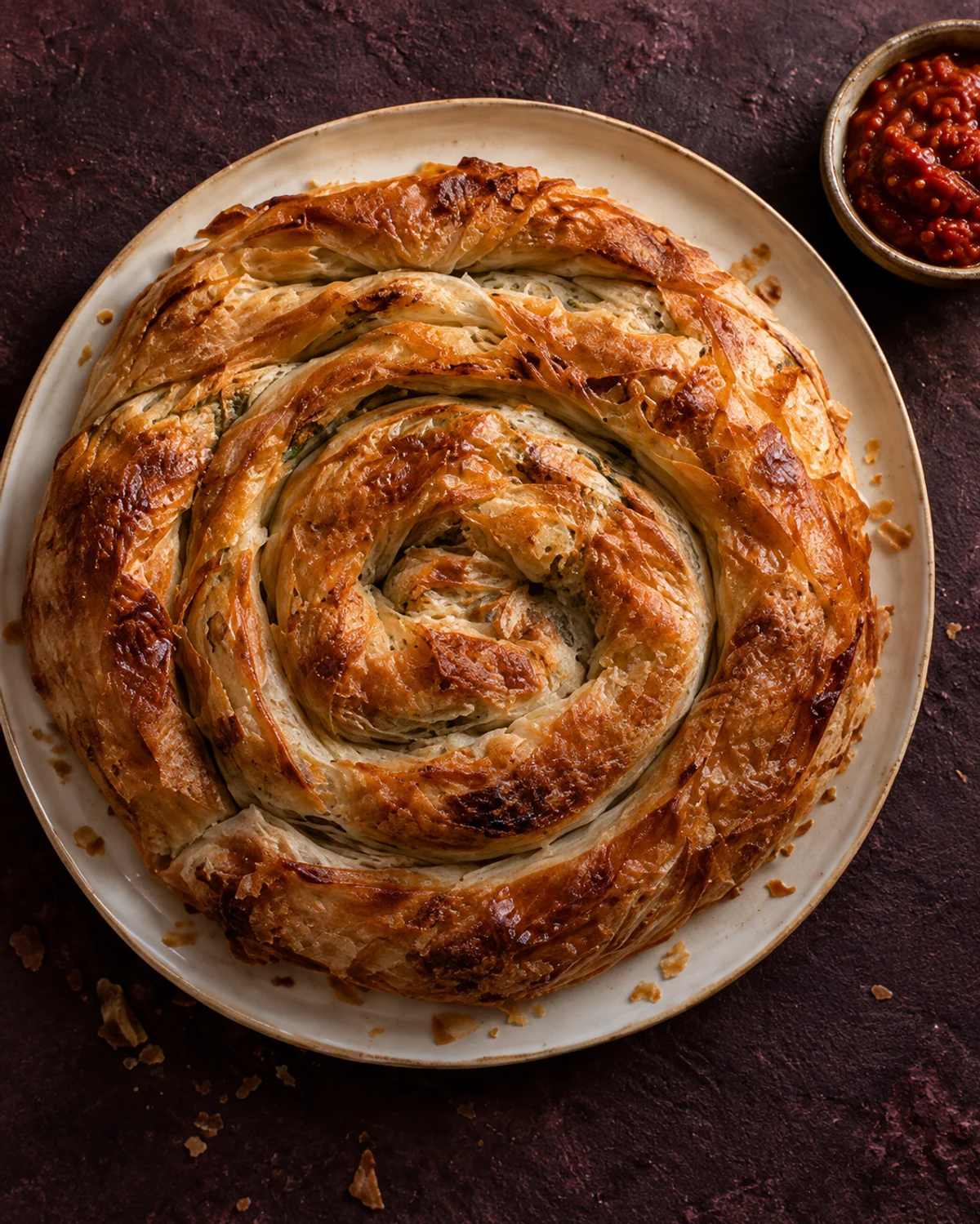 Golden spiral Balkan pita (pie) with crisp, flaky pastry and a bowl of ajvar